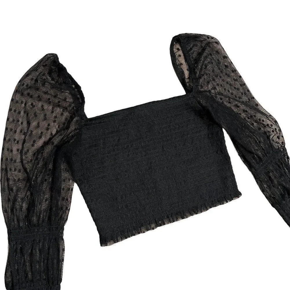 NEW Free People Top Large Black Crop Long Sleeve Polka Dot Mesh Romantic Square‎